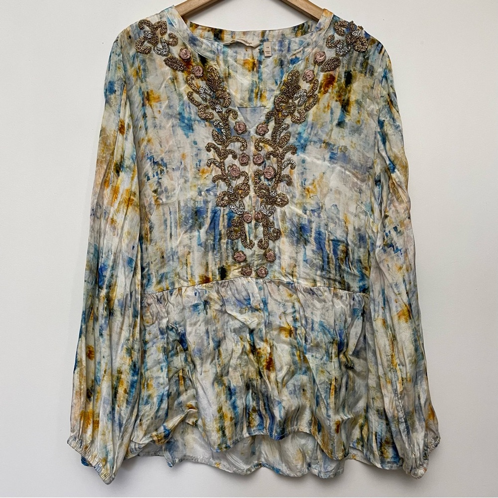 Soft Surroundings watercolor beaded embroidered long sleeve top size 1X bohemian